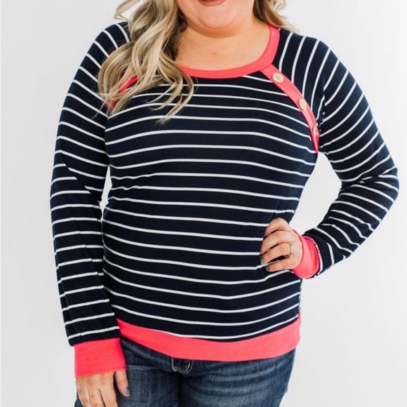 On Top Of The World Striped Top- Navy‎ & Neon Pink - Picture 6 of 6